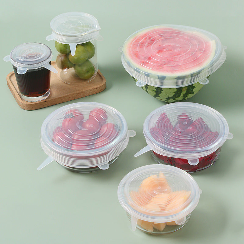 6Pcs Silicone Stretch Lids set: reusable, food-grade lids for bowls and containers — clear, flexible kitchen storage